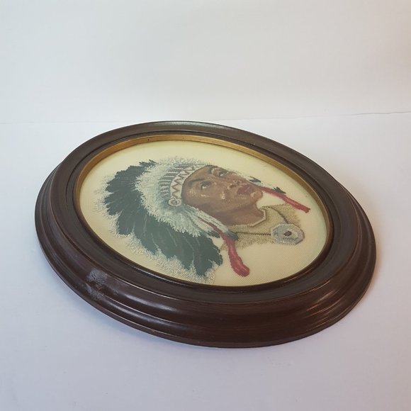Vintage Petit Point Framed Artwork Indigenous Native American Man Woman Canadian - Picture 7 of 16